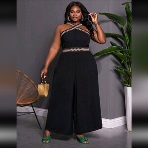 Plus Black Halter Jumpsuit with Gold Accents